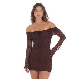 Lucy in the Sky Lace Draped Off Shoulder Dress in Brown